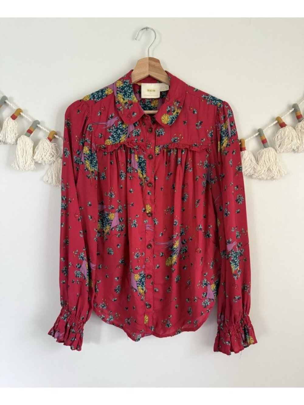 Anthropologie Maeve Fredericka Birds Floral Button Up Top Cottage Novelty Boho 6